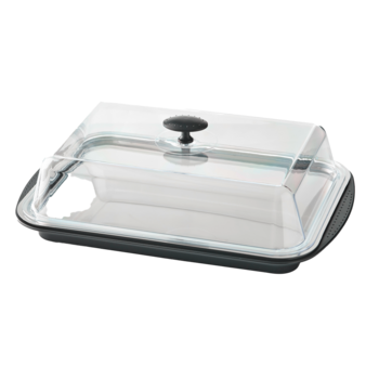 Plat de service avec couvercle transparent et noir, isolé sur fond blanc