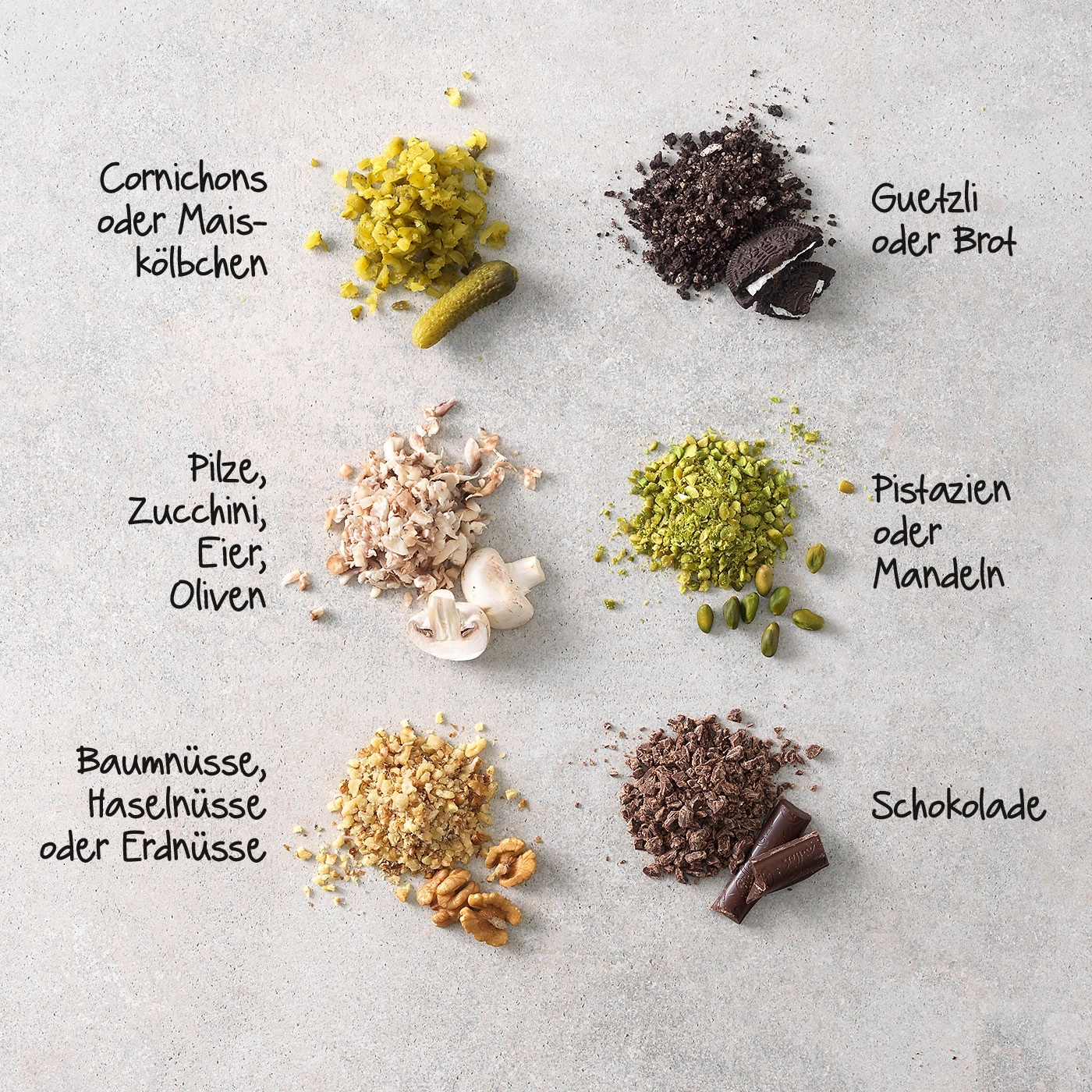 Verschiedene Zutaten: Cornichons, Guetzli, Pilze, Pistazien, Nüsse, Schokolade.