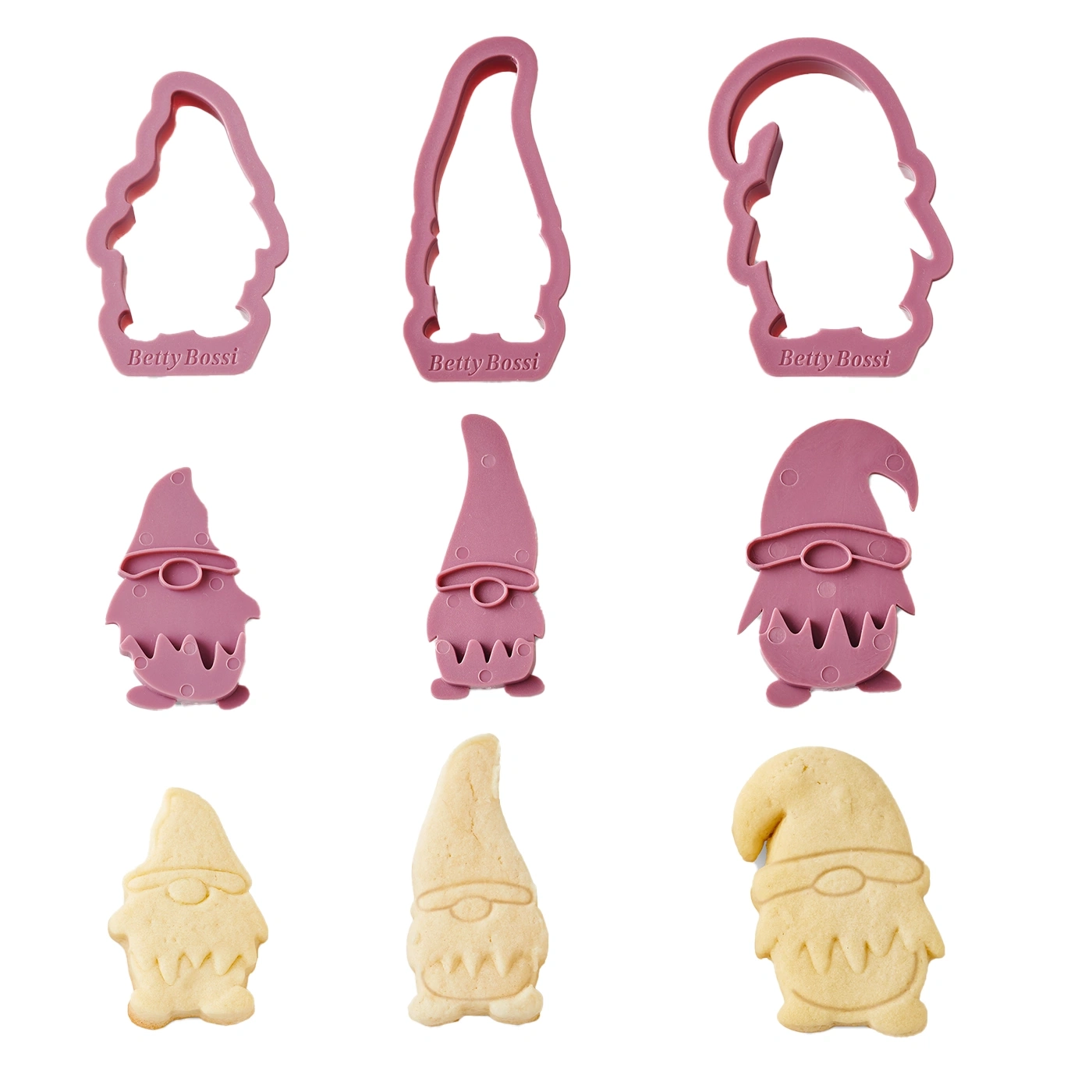 Keksausstecher in Form von Zwergen, rosa und gebacken, isoliert auf weißem Hintergrund.