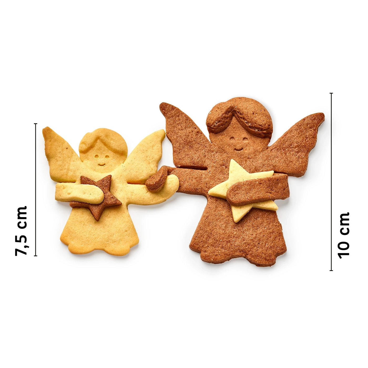 Deux biscuits en forme d'anges, un clair, un foncé, avec des étoiles, 7,5 cm et 10 cm.