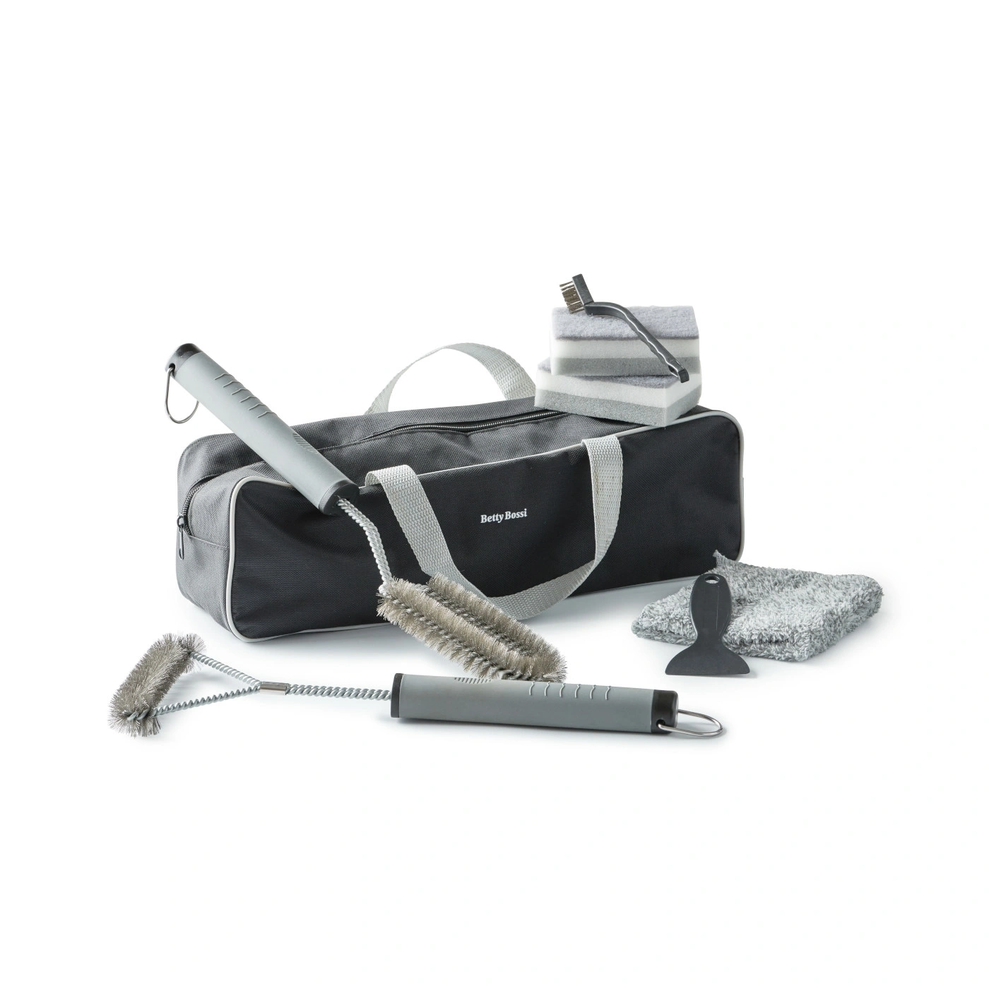 Grillreinigungsset mit Bürsten, Schwämmen, Schaber und Tasche. Betty Bossi.