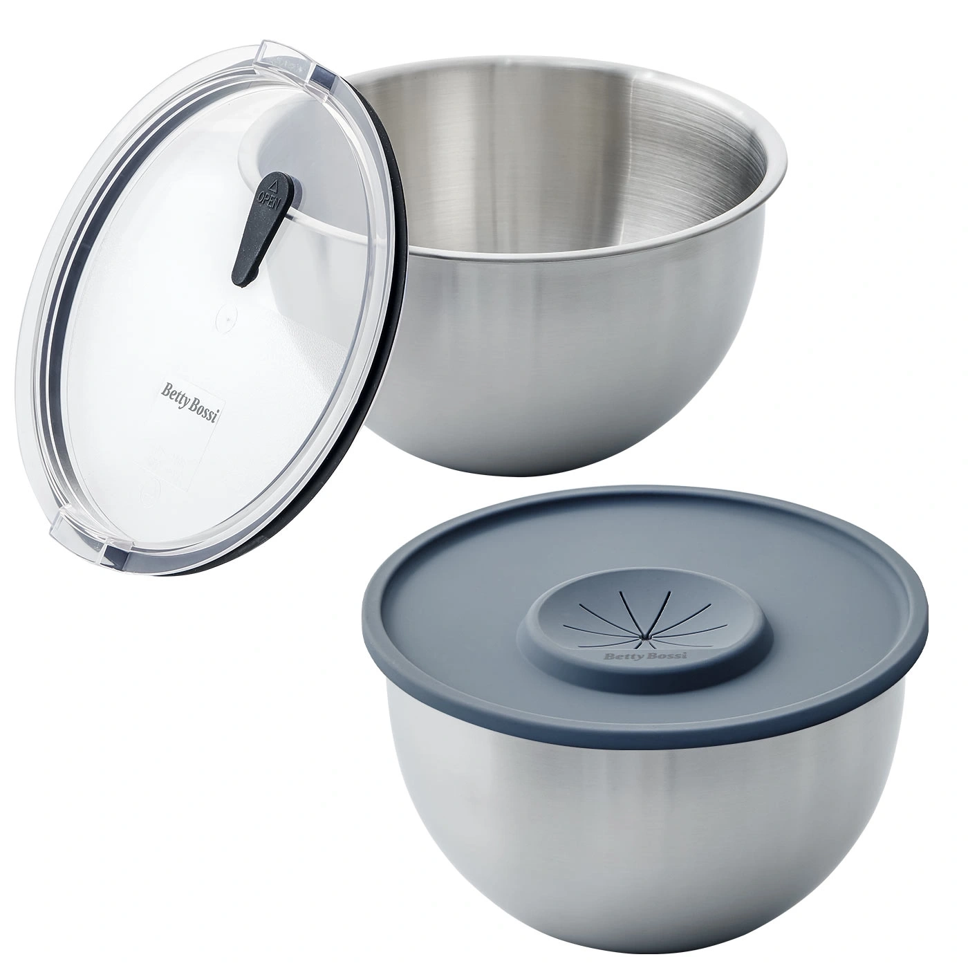 Bol en acier inoxydable avec couvercles transparents et gris, Betty Bossi, cuisine