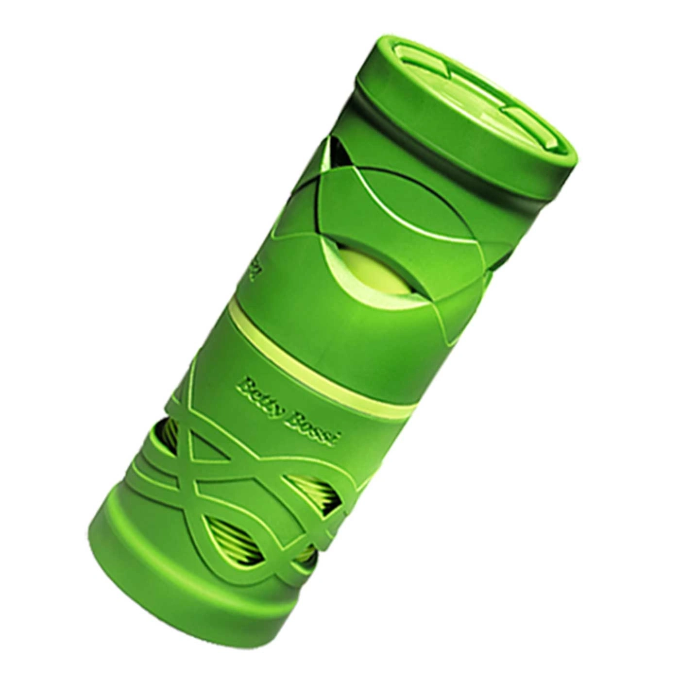 Grüner Zylinder mit Betty Bossi-Logo, geometrischem Design und Öffnungen.
