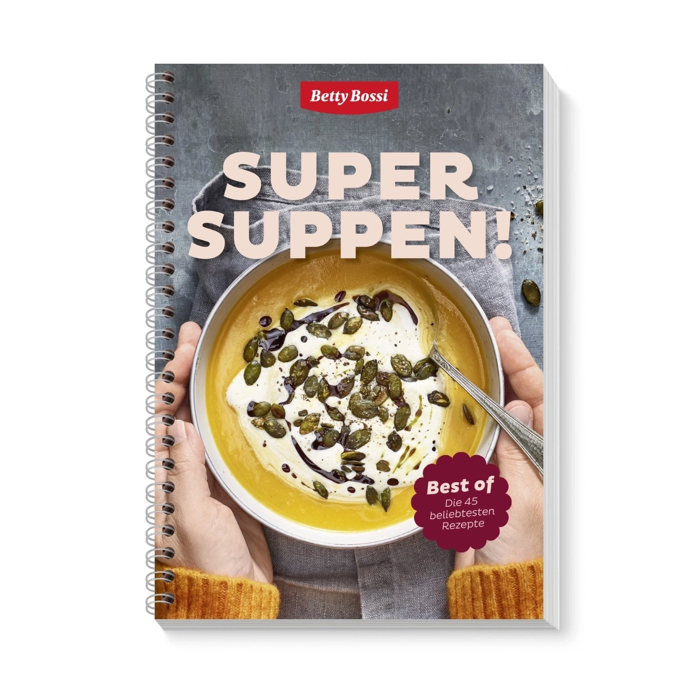 Livre de cuisine Betty Bossi "Super Soupes !" avec soupe à la citrouille et graines de courge.