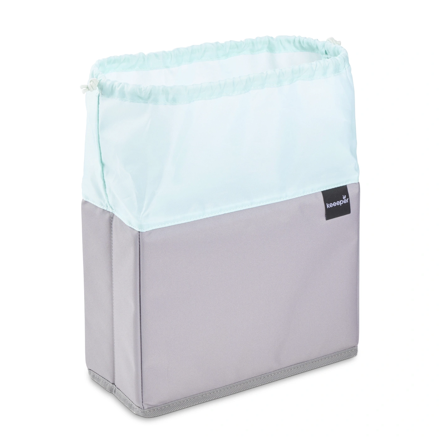 Un sac gris avec cordon de serrage bleu clair