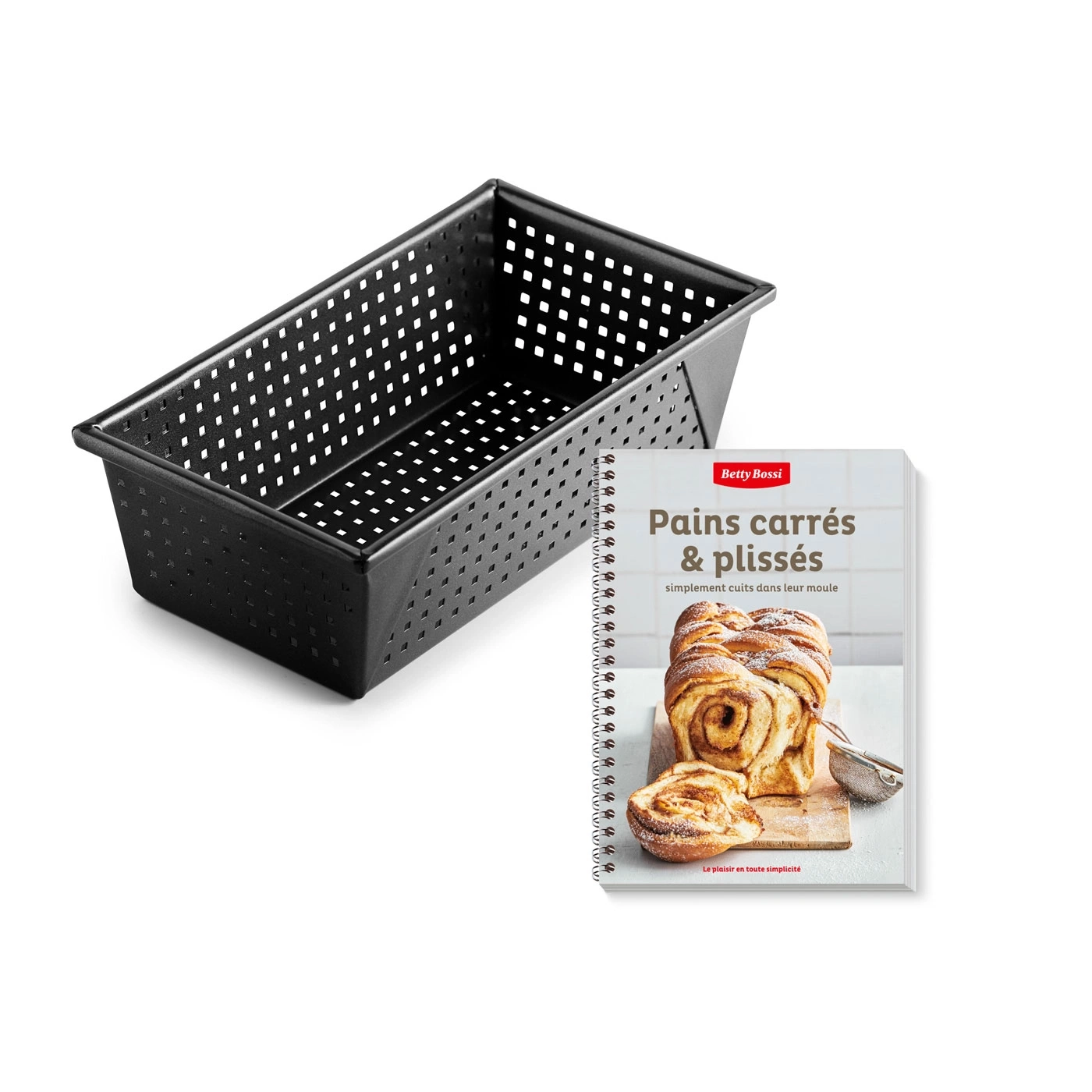 Moule à pâtisserie et livre de cuisine 'Pains carrés & plissés' de Betty Bossi.