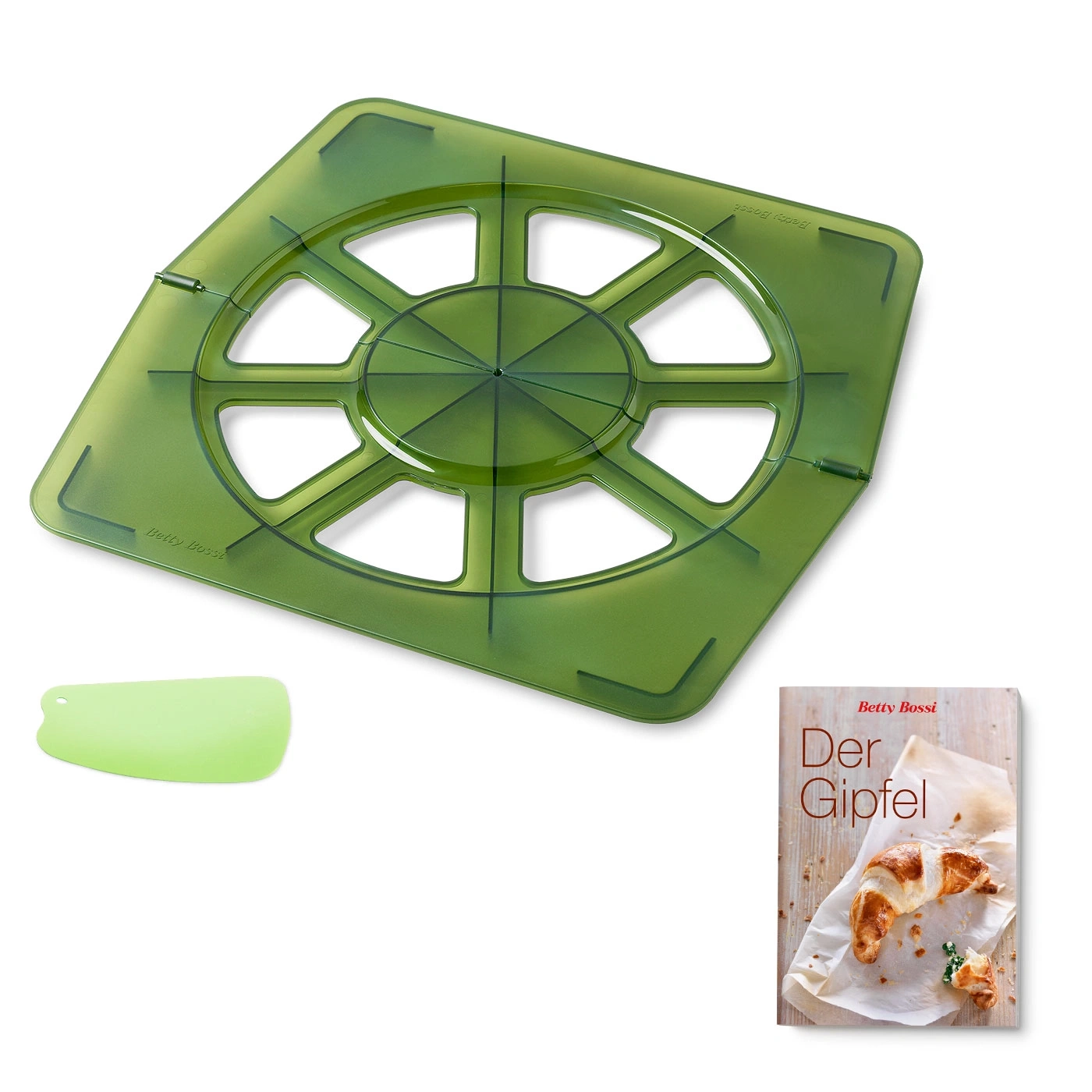 Grünes Backwerkzeug, Buch mit Croissant, Spatel, Betty Bossi, Küche, Backen