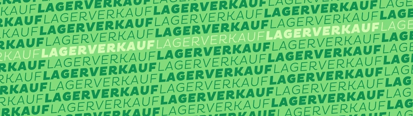 Grüner Hintergrund mit sich wiederholendem Text 'LAGERVERKAUF'.
