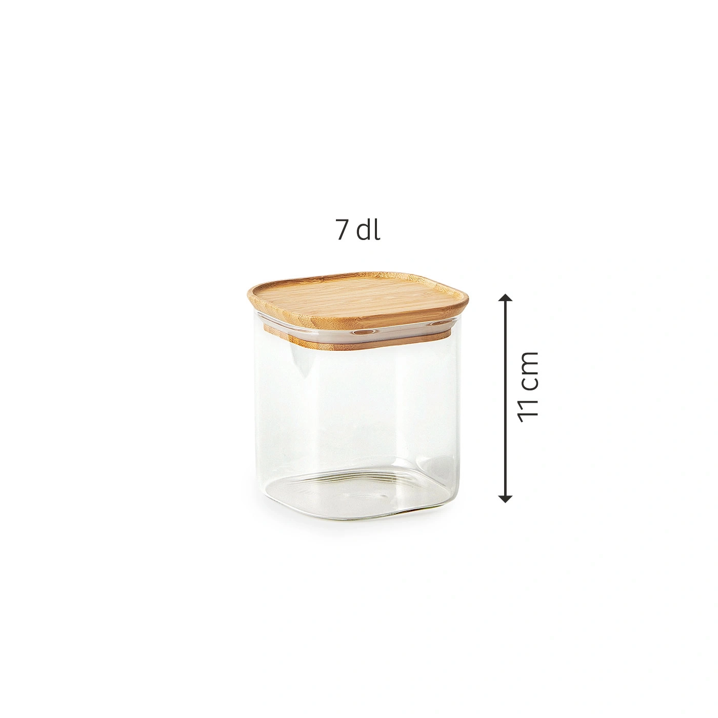 Glasbehälter mit Holzdeckel, 7 dl, 11 cm hoch, quadratisch, transparent