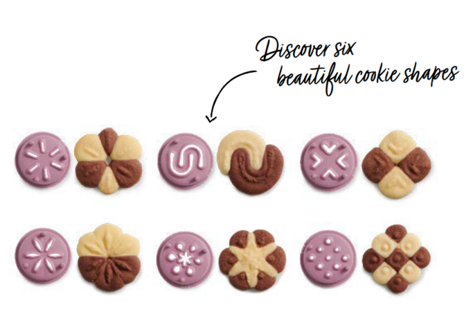 Entdecke sechs schöne Kekse. Lila und braune Kekse in verschiedenen Formen auf weißem Hintergrund.