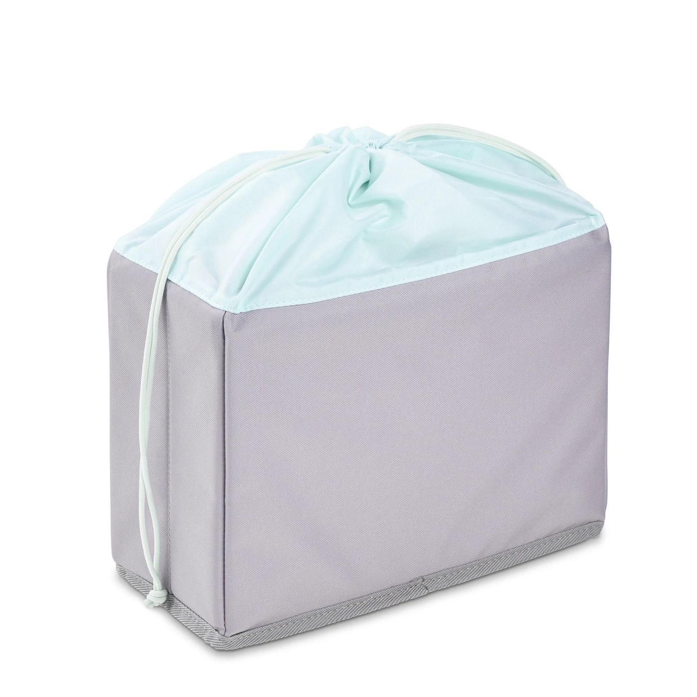 Un sac gris avec cordon de serrage menthe en haut, sur fond blanc