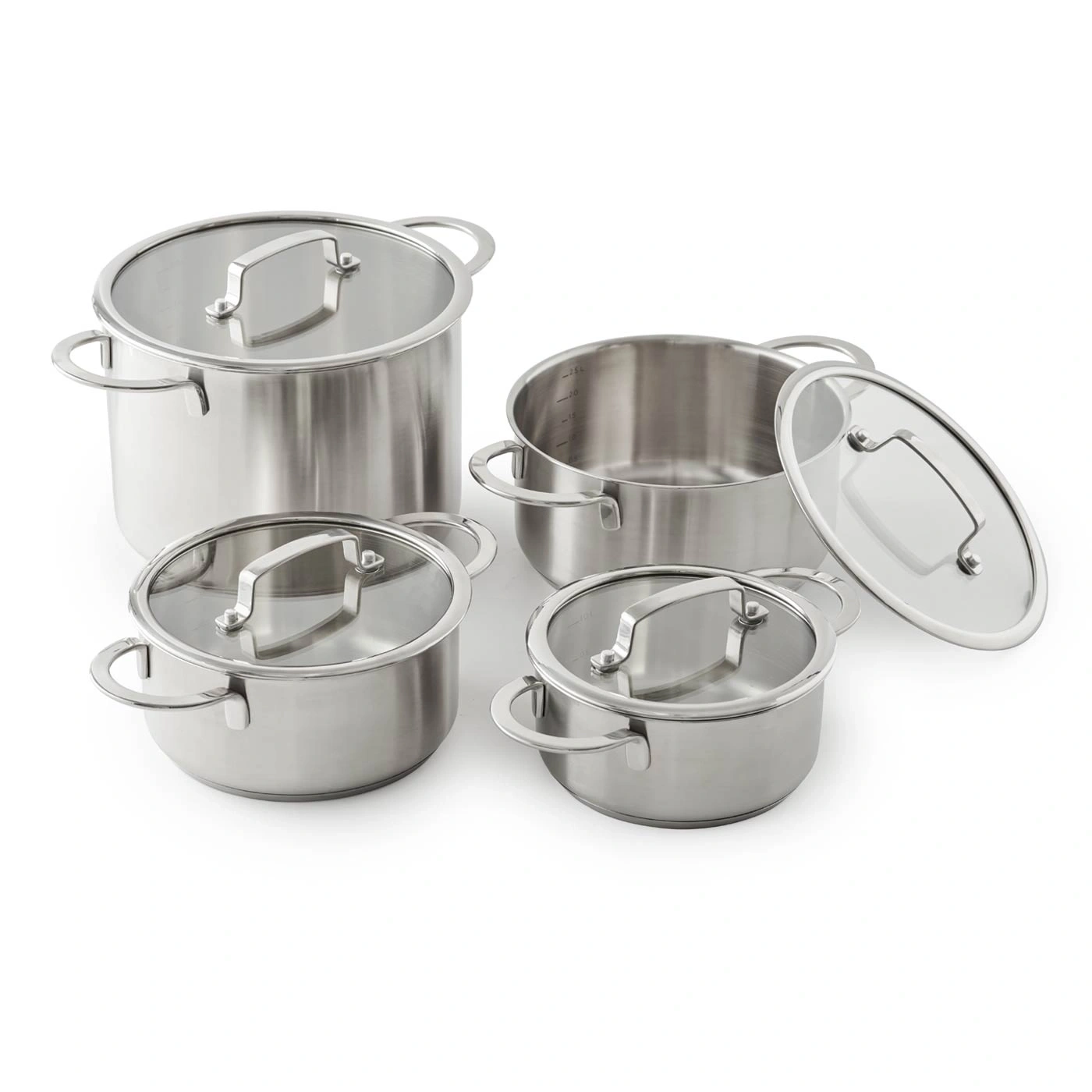 Edelstahl-Kochgeschirr-Set mit Glasdeckeln, Kochtöpfe und Pfannen.