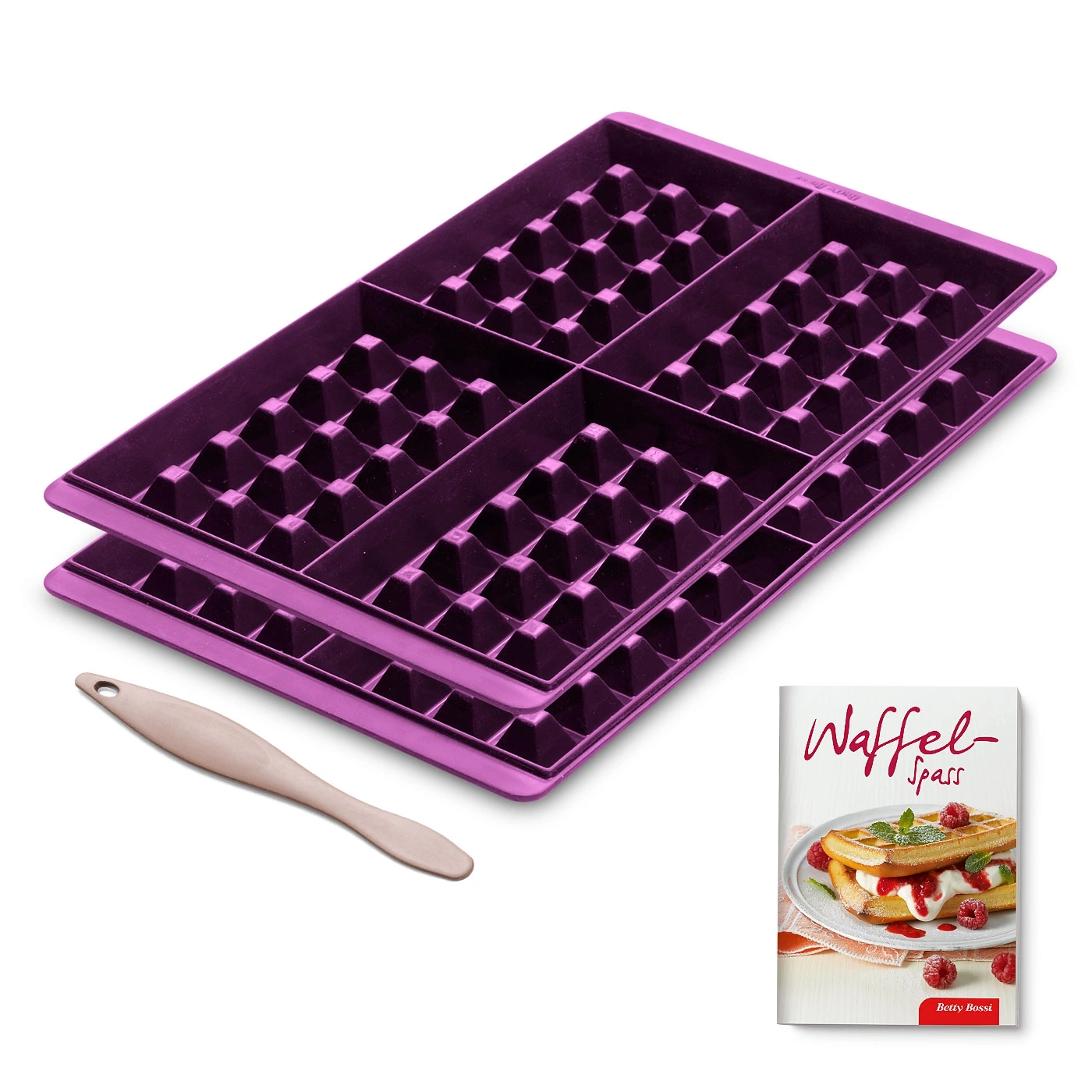 Waffelformen, Spatel und Kochbuch mit Waffelrezepten, lila