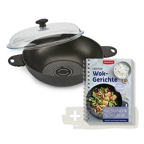 Wok-Pfanne mit Glasdeckel und Kochbuch für leichte Wok-Gerichte