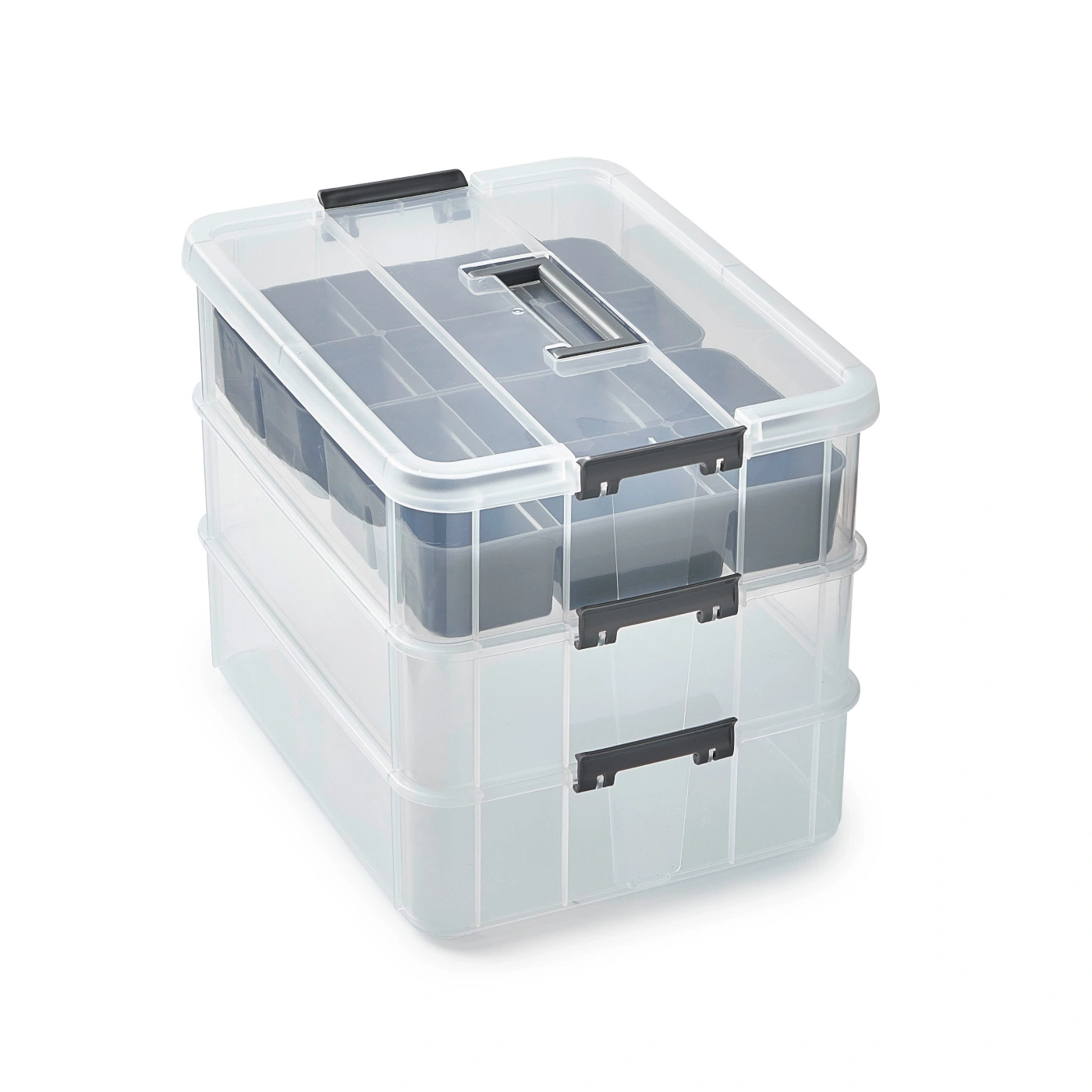 Boîte de rangement transparente avec compartiments et fermetures noires, empilable.