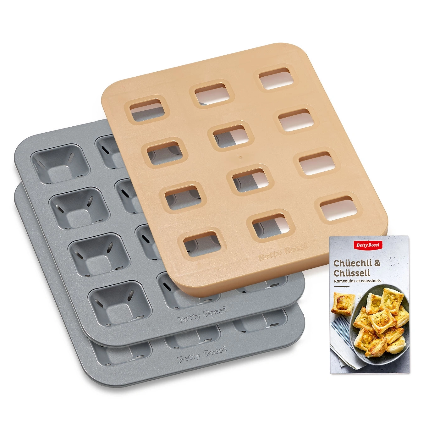 Backformen mit Rezeptheft für kleine Kuchen, quadratisch, grau und beige