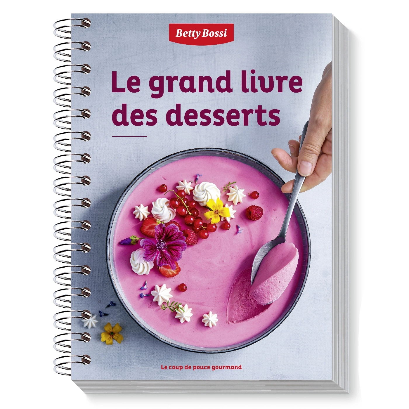 Livre de cuisine de desserts, dessert rose, main avec cuillère, Betty Bossi