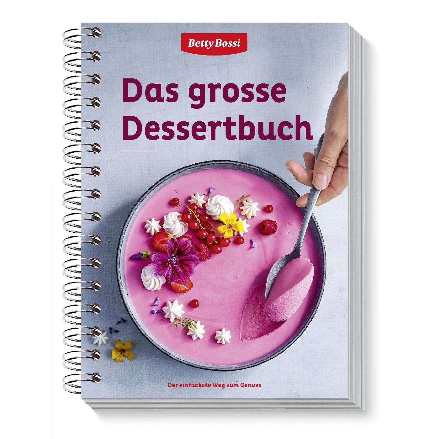 Kochbuch mit Dessert, rosa Creme, Beeren und Blumen, Betty Bossi