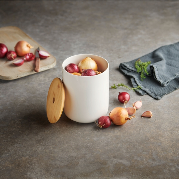 Zwiebeltopf, Keramik mit Bambusdeckel Für Zwiebeln und Knoblauch