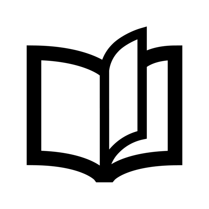 Offenes Buch, weißer Umriss auf schwarzem Hintergrund, Symbol für Wissen und Bildung