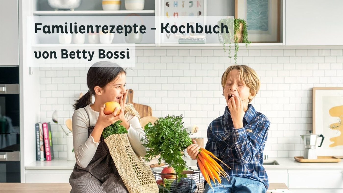 Kinder mit Gemüse und Obst, Kochbuch, Familienrezepte von Betty Bossi