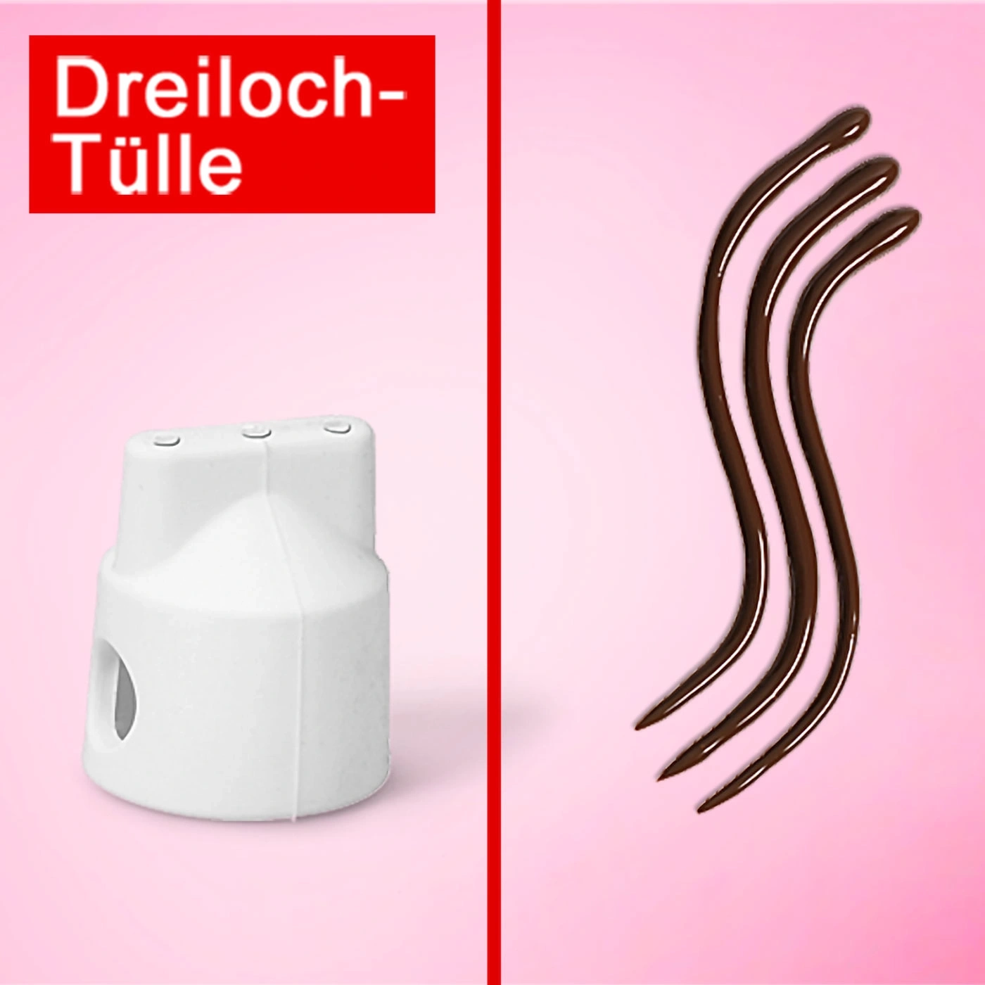 Douille à trois trous, motif de glaçage, objet blanc, fond rouge, chocolat