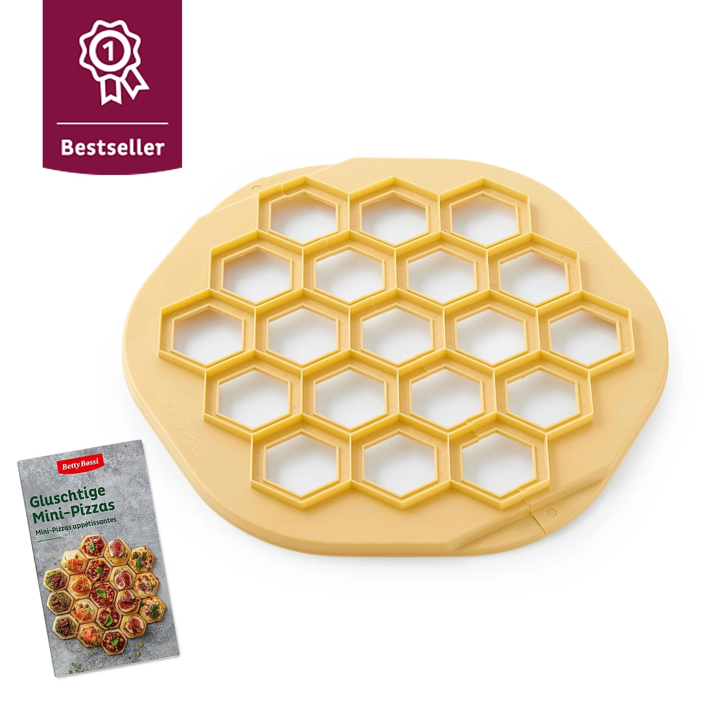Outil à mini-pizza jaune avec étiquette best-seller et recette de mini-pizza
