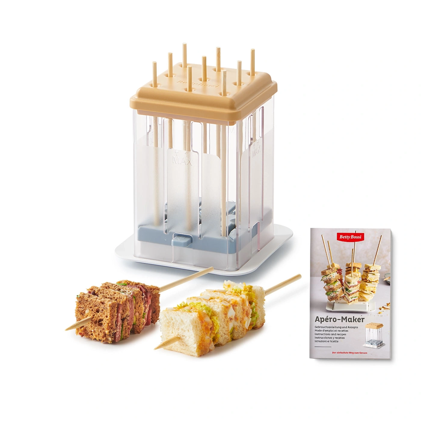 Apéro-Maker mit Spießen und Rezeptheft. Sandwich-Zubereiter. Betty Bossi. Anleitung und Rezepte.