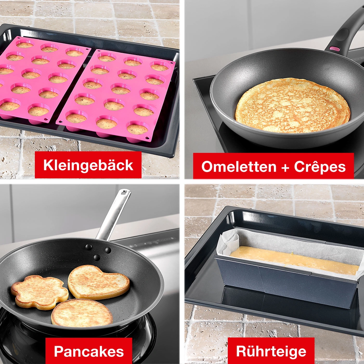Backformen, Pfannen mit Crêpes und Pfannkuchen, Teig in Backform