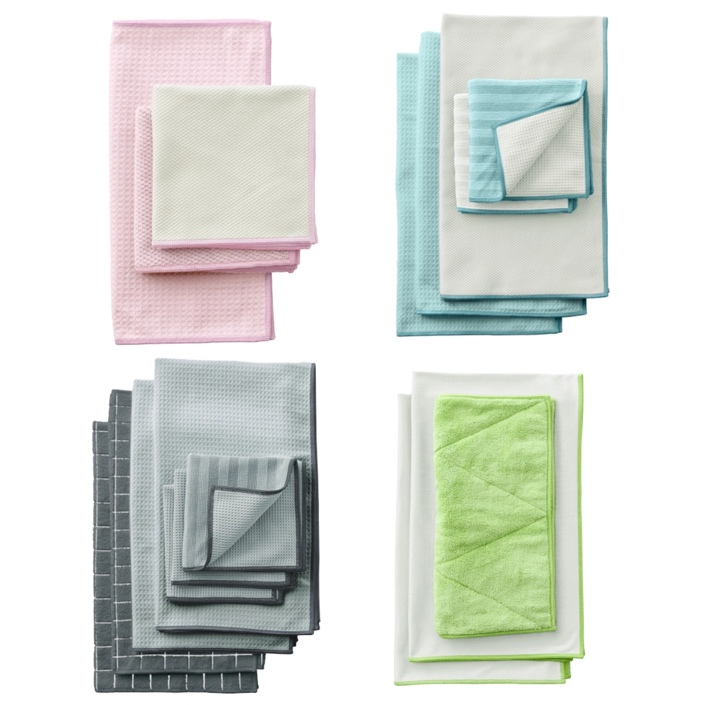 Quatre ensembles de chiffons en microfibre de différentes couleurs et textures.