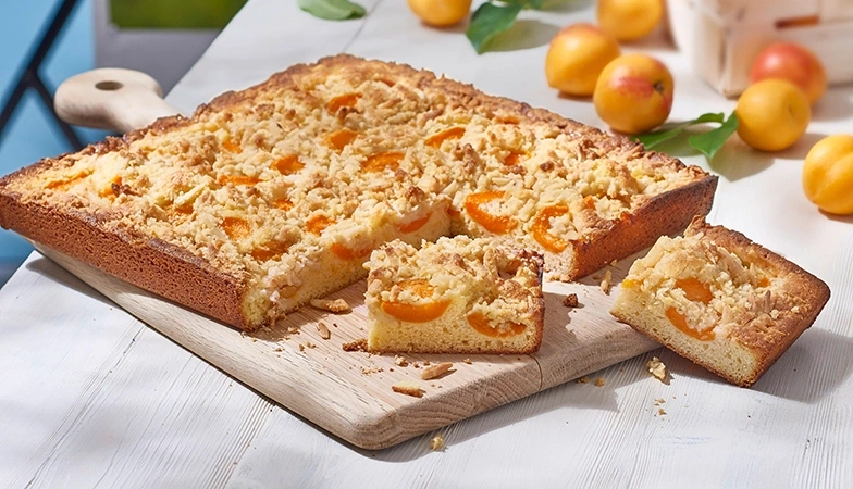 Kuchen mit Aprikosen und Streuseln auf einem Holzbrett, lecker und frisch