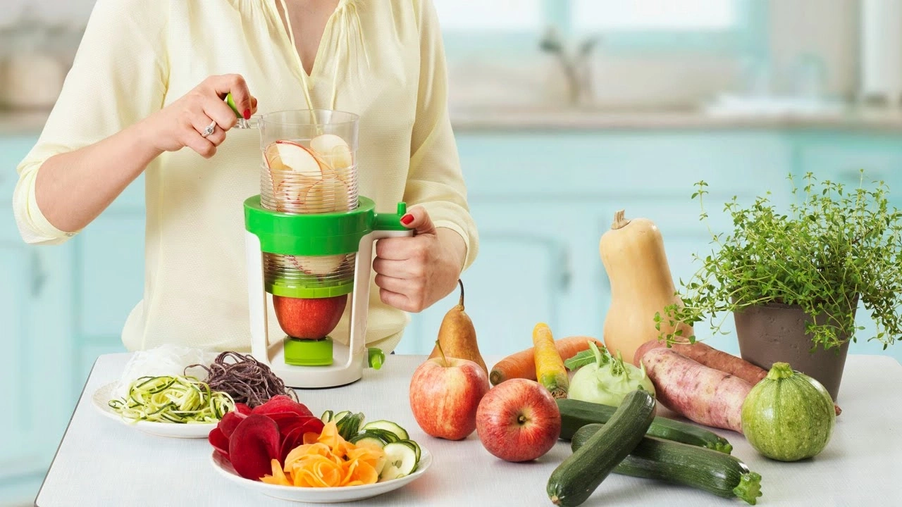 Personne utilisant un coupe-légumes, entourée de légumes et de fruits frais sur une table.