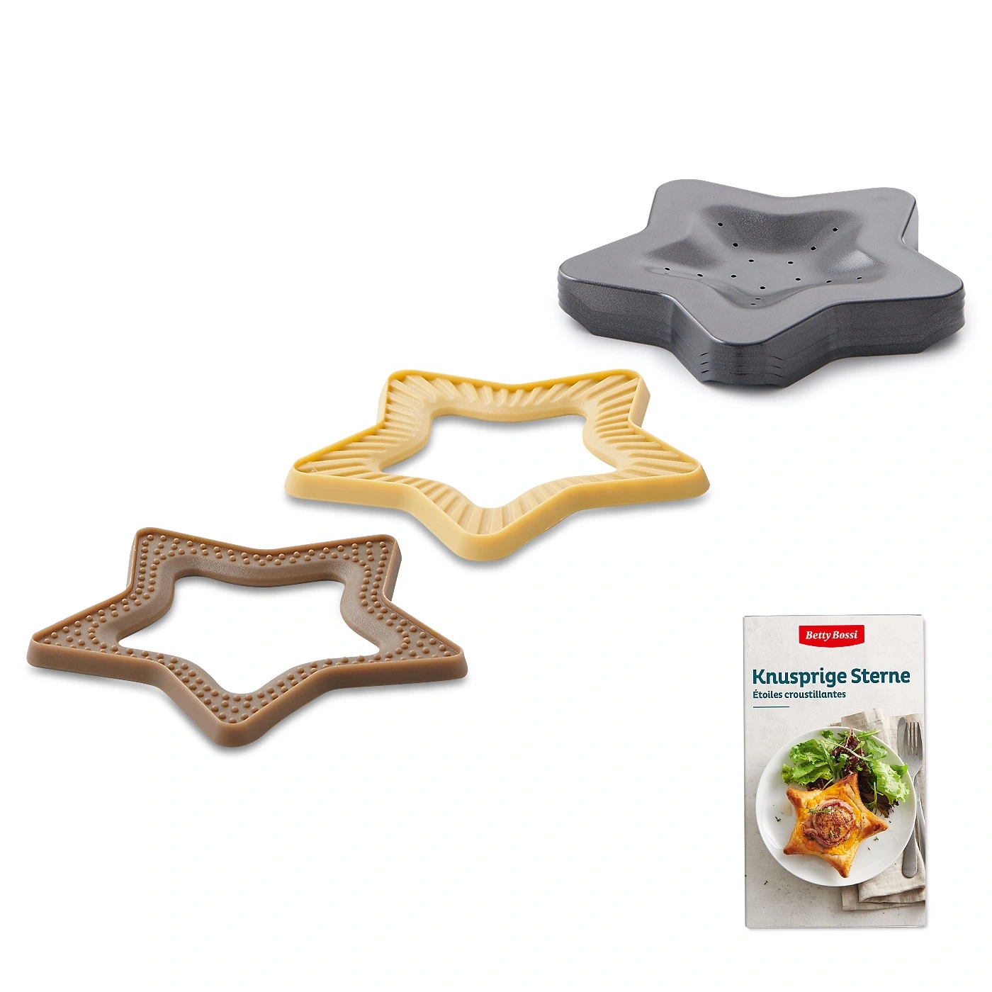 Sternförmige Backformen und eine Verpackung mit einem Gericht.
