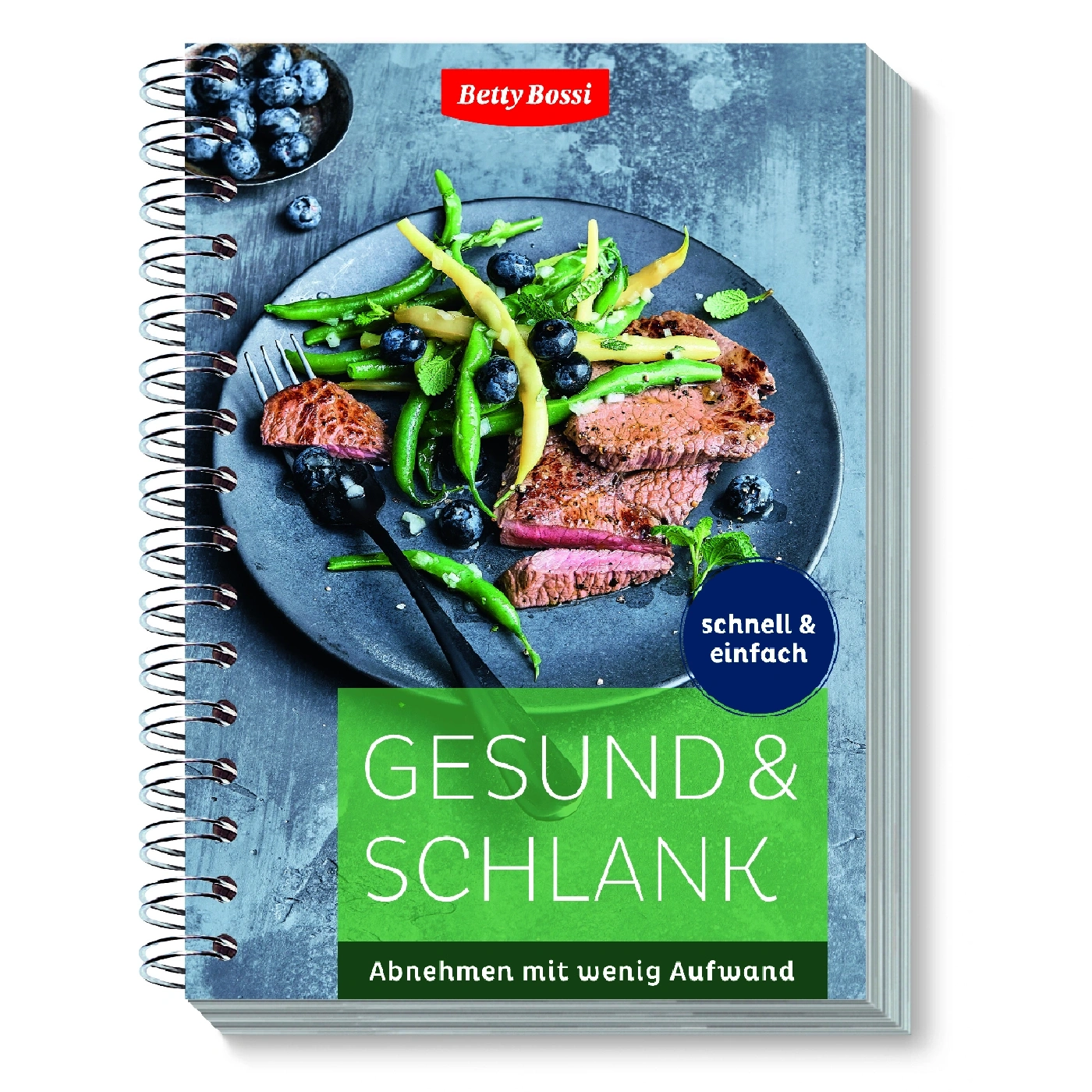 Livre de cuisine avec nourriture, fond bleu, Betty Bossi, sain et mince