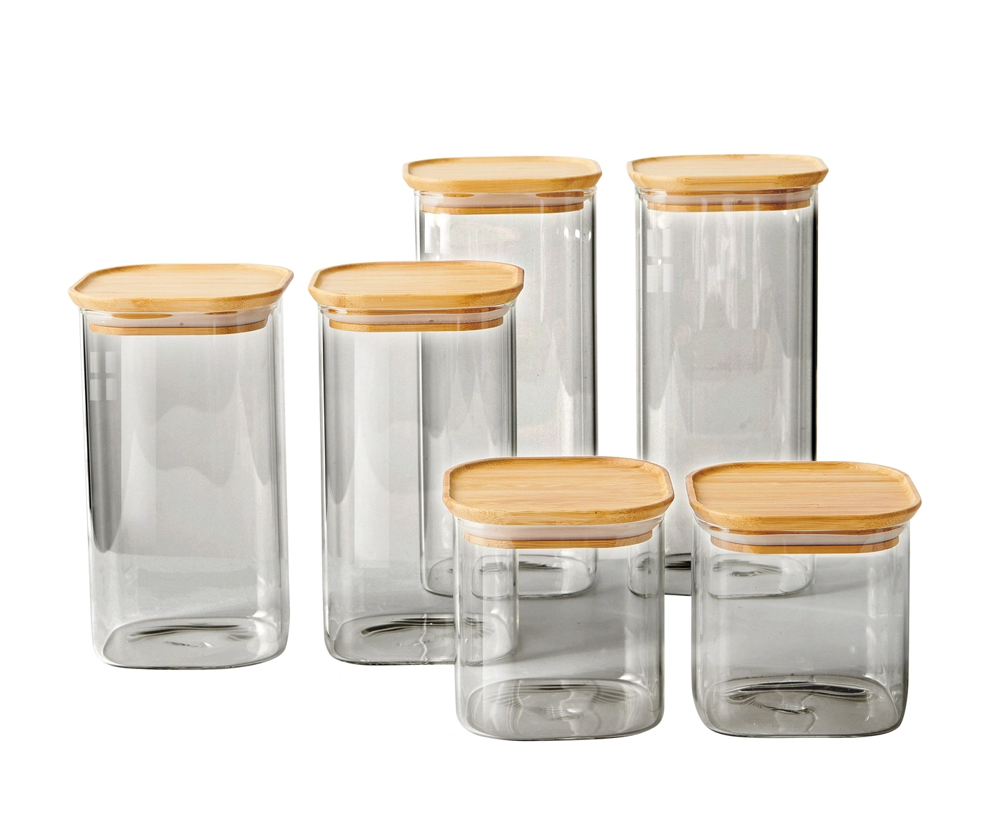 Six bocaux en verre avec couvercles en bambou, carrés, transparents, cuisine, récipients de stockage