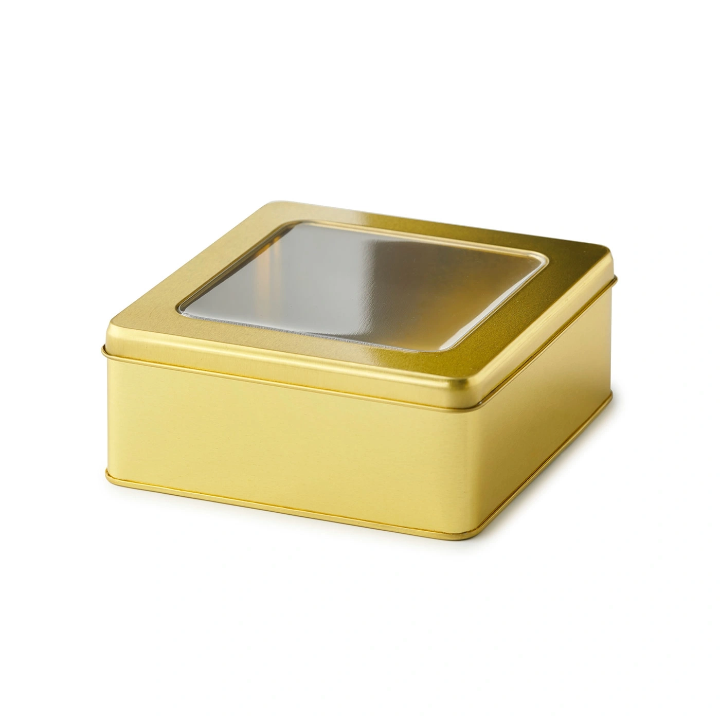 Boîte carrée dorée avec couvercle transparent, isolée sur fond blanc