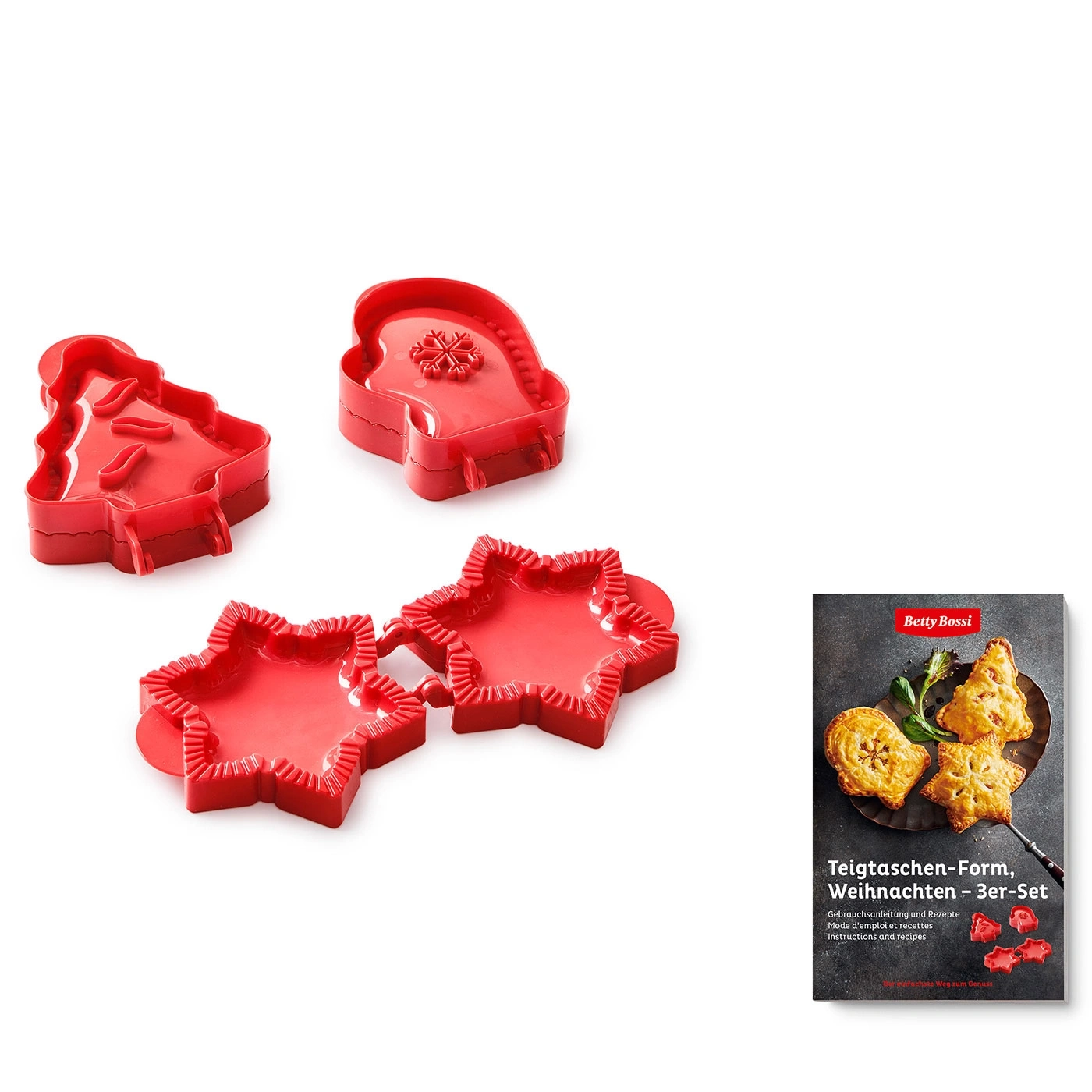 Ensemble de 3 emporte-pièces de Noël rouges avec recettes et instructions de Betty Bossi.