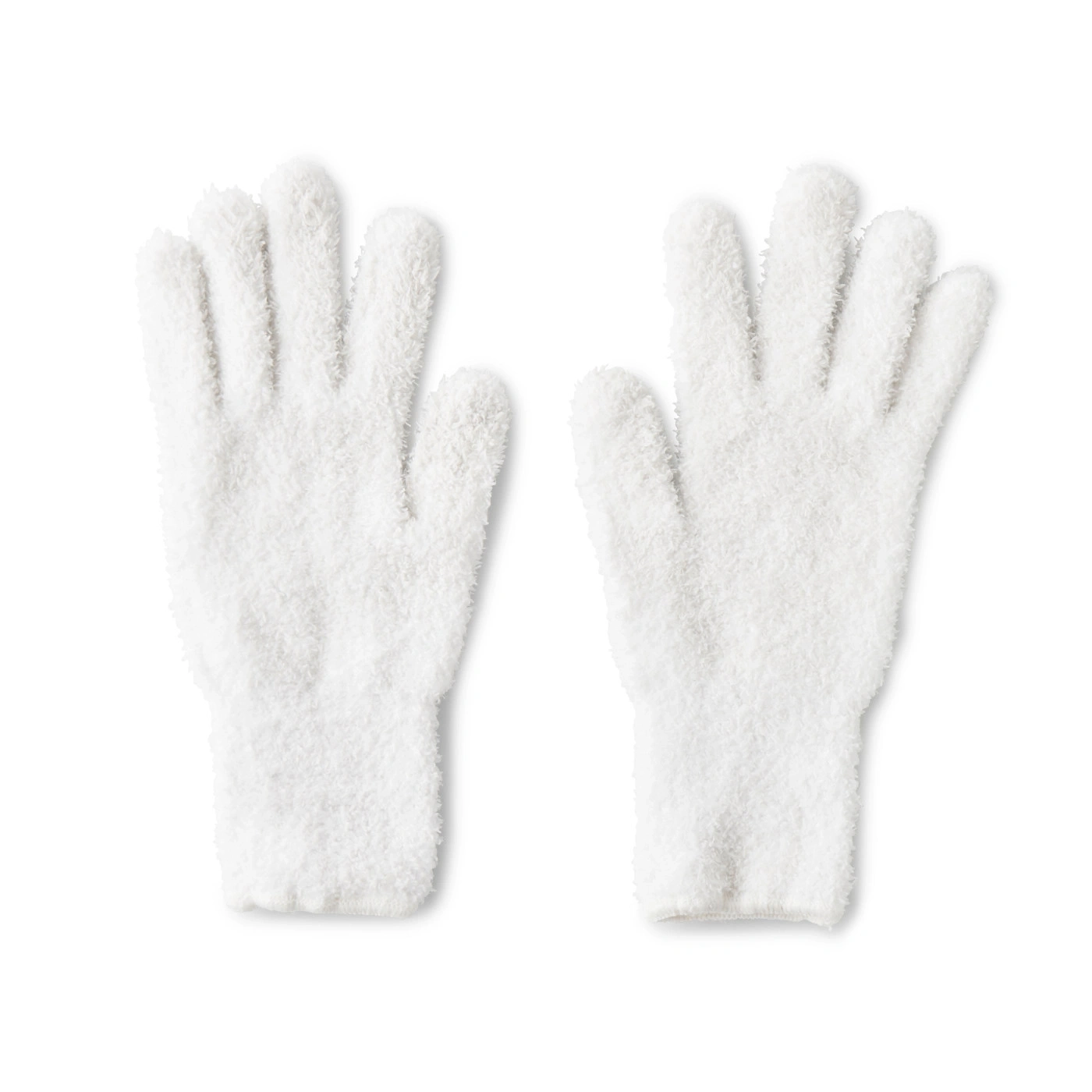 Deux gants blancs et moelleux sur fond blanc. Texture douce, isolée. Accessoire.